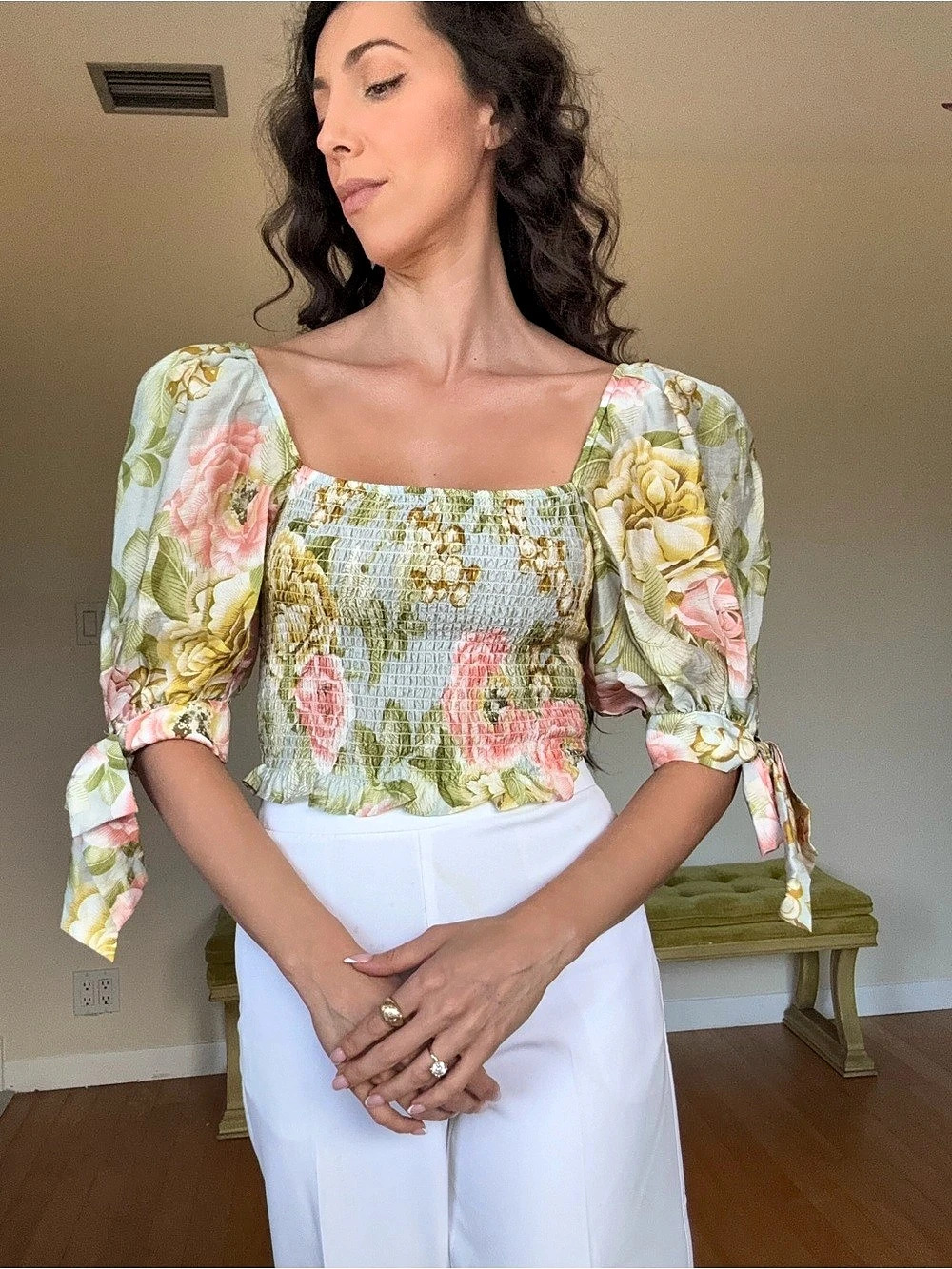 Express Floral Smocked Crop Top in Green & Pink Small Like New